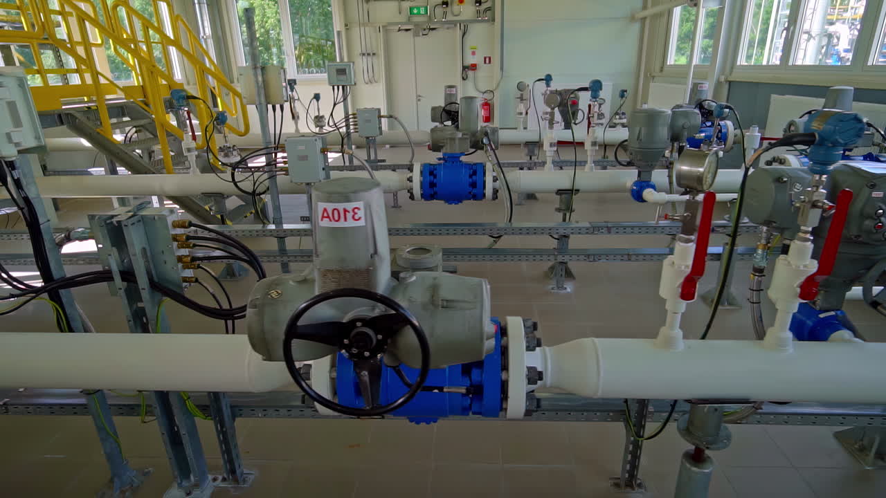 Complex indoor pipeline system with valves, meters and control gauges in bright facility