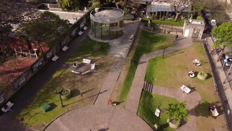 Aerial-view-over-people-having-a-stroll-at-park-in-Buenos-Argentina