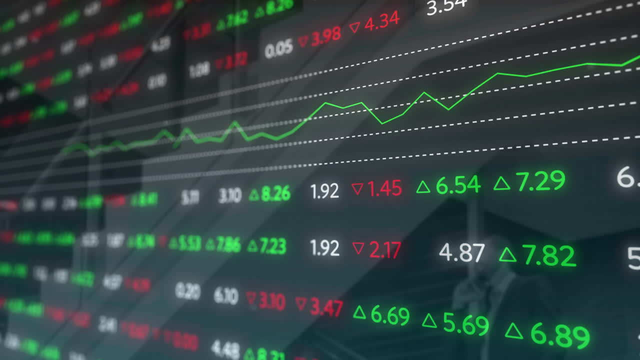Animazione di dati e grafici del mercato azionario su sfondo di trading finanziario