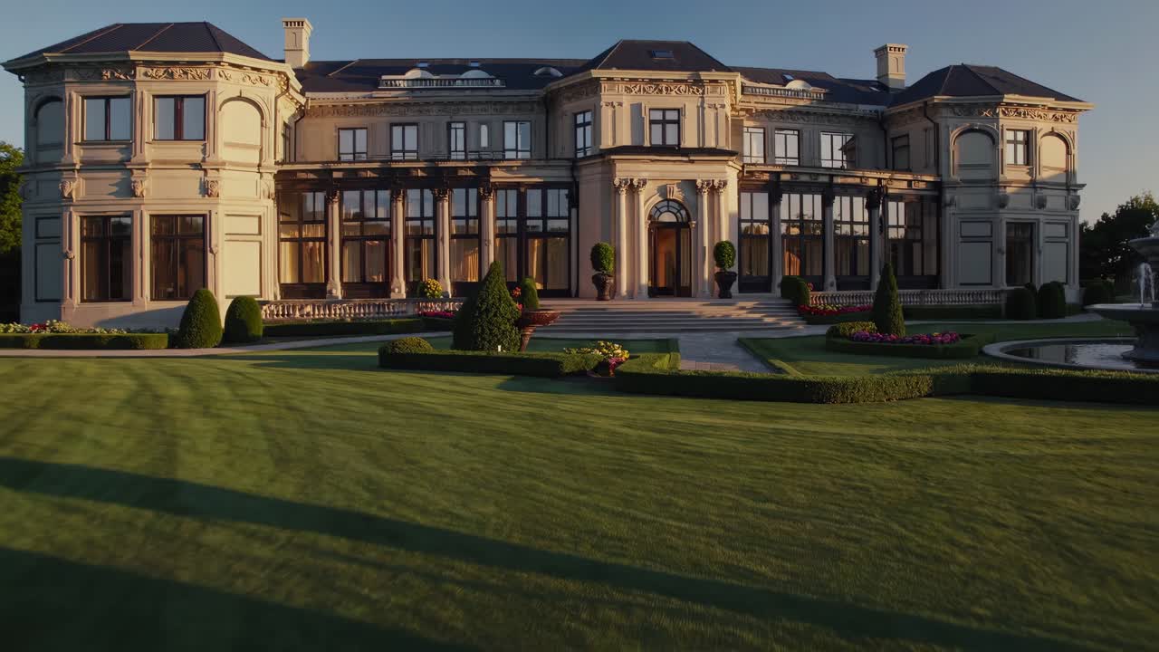 Elegant mansion exterior captured in three sequential frames, showcasing architectural details, manicured gardens, and vibrant landscaping under soft evening light, illustrating serene luxury and sophistication