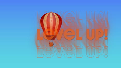 animation of the words level up in orange with floating hot air balloon on blue