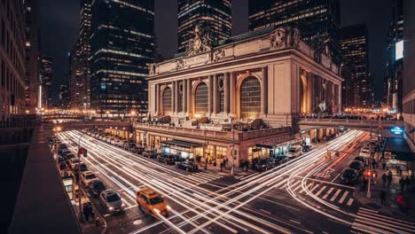 grand central terminal at night with light trails, new york city