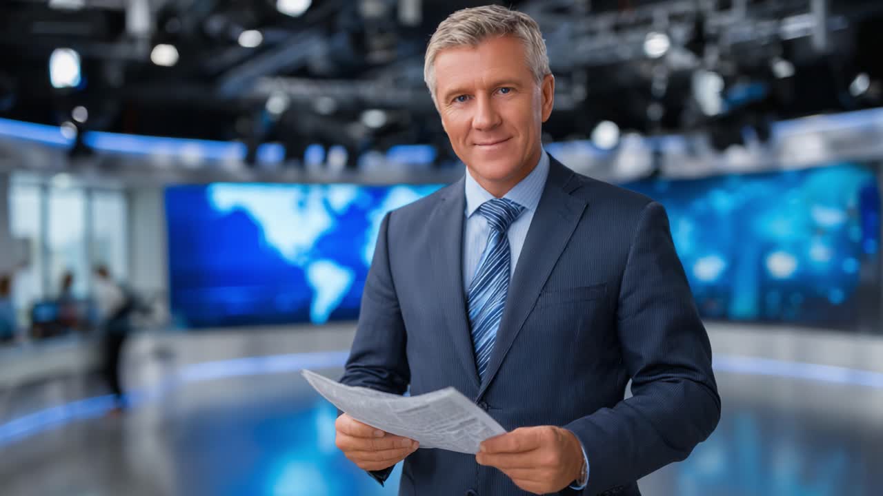 Engagerende nyhedsoplæser præsenterer selvsikkert information i et moderne tv-studie og viser professionalisme og kommunikationsevner