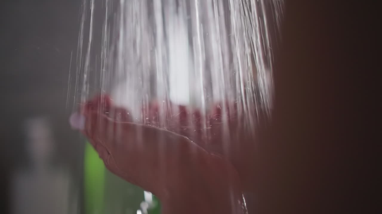 las manos de la mujer sumergidas en un arroyo de agua constante. la mujer disfruta del calor con las manos atrapando el arroyo que fluye. la dama está de pie en la ducha apreciando el agua caliente