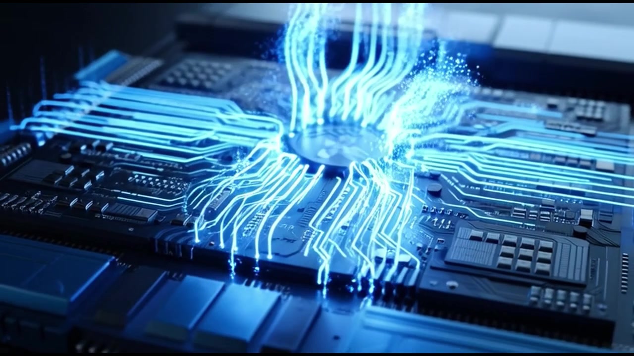Flusso di dati digitali attraverso un chip processore di computer.