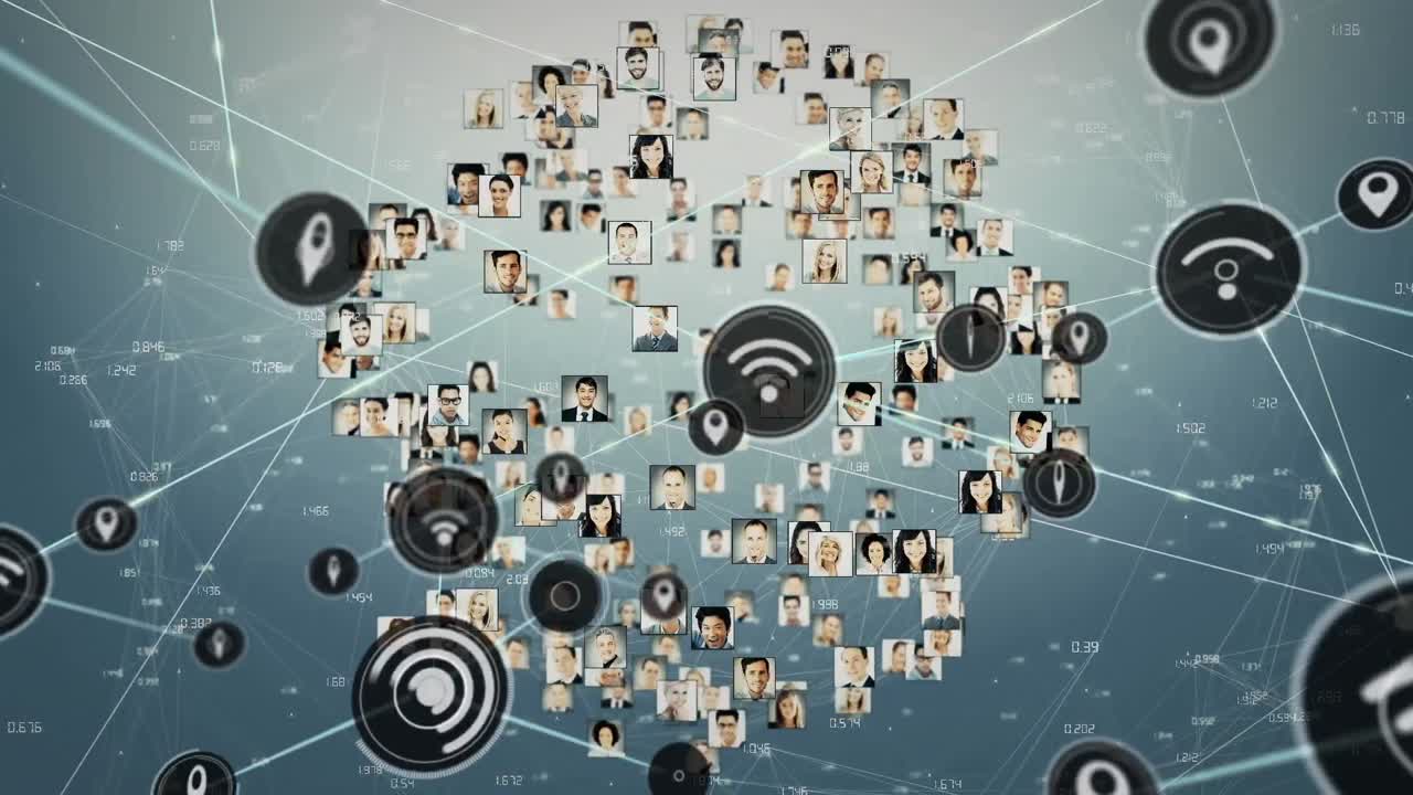 animación de la red de conexiones con iconos y fotos de usuario en fondo gris