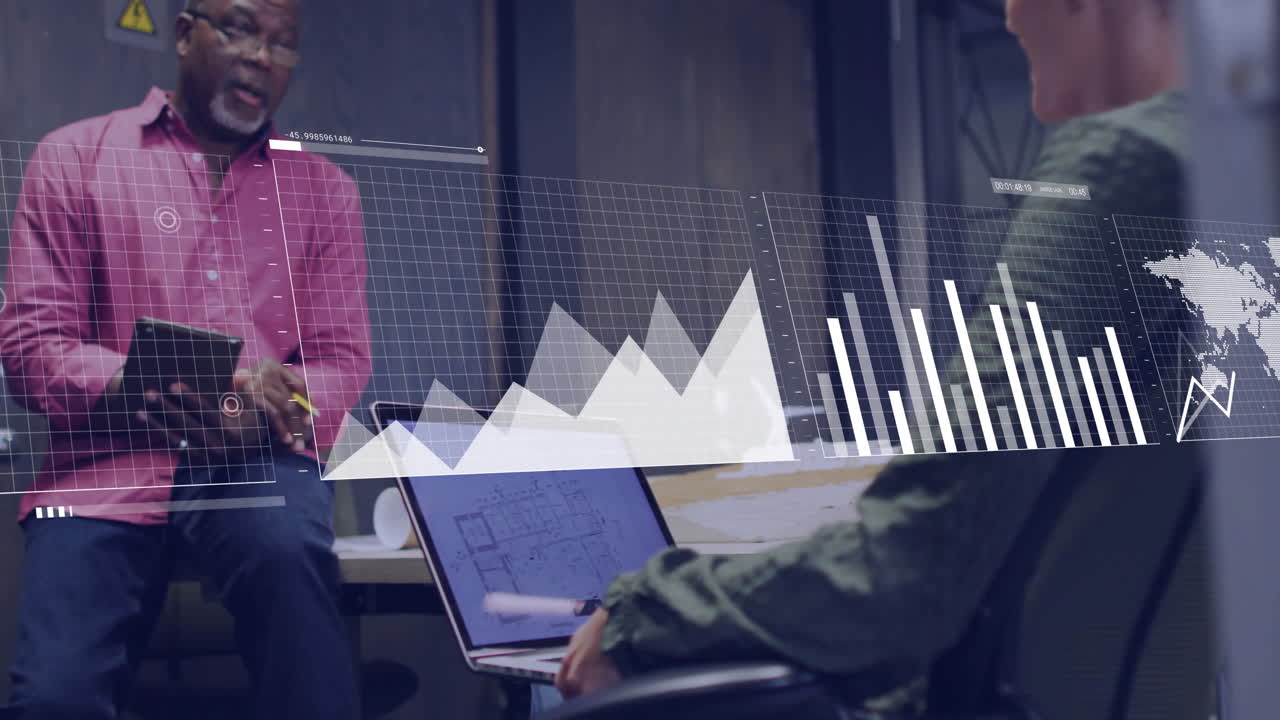 Business meeting with data analytics animation over colleagues discussing in office