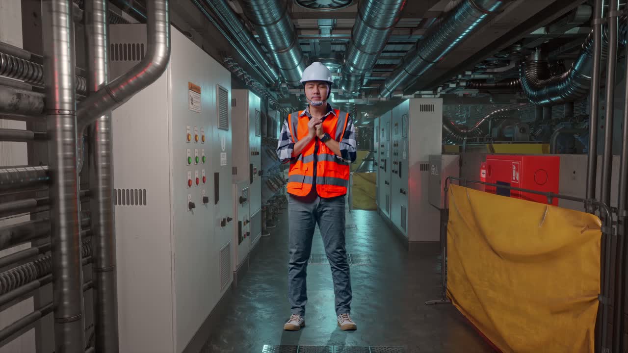 Full Body Of Asian Male Engineer With Safety Helmet Pray For Something While Standing In Engine Control Room, Work Of Electrical Generators
