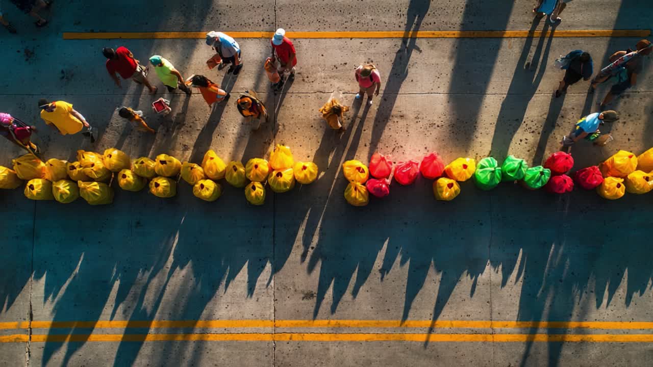 Aerial View of People Walking Along the Street Next to Colorful Bags on the Ground, Capturing the Vibrant Contrast Between Yellow, Red, and Green in Urban Environment