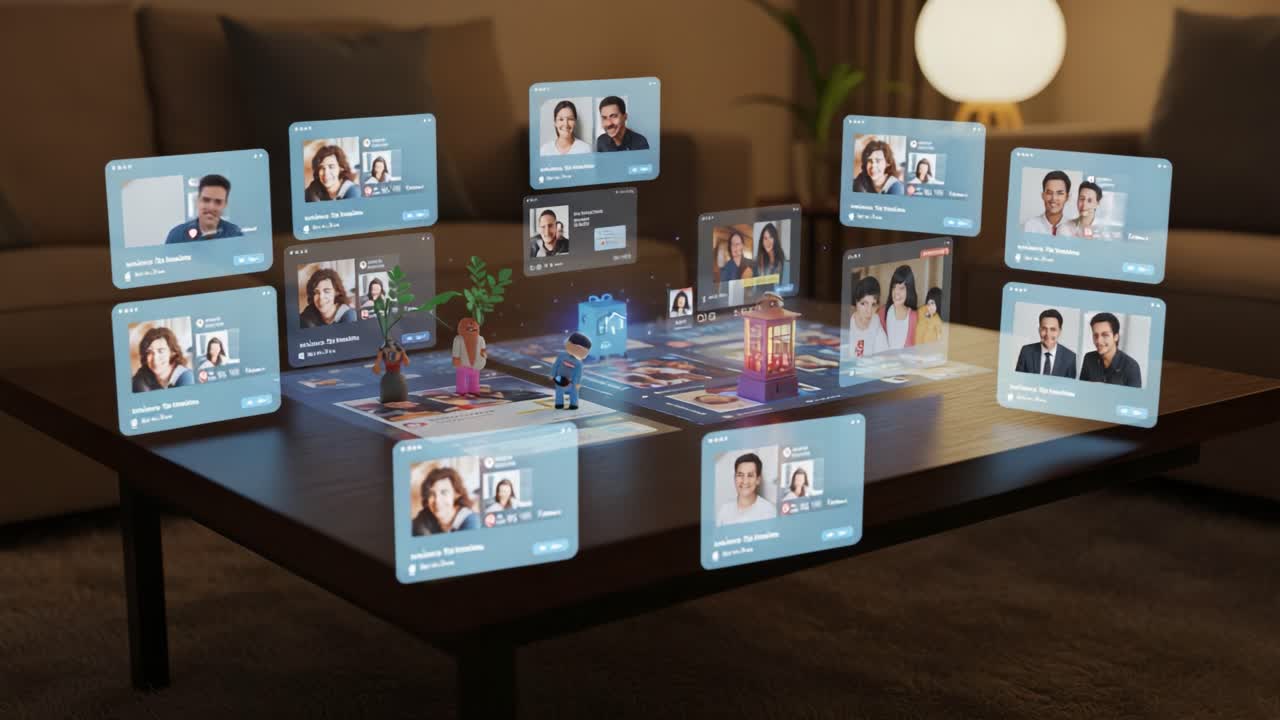 Un'innovativa scena di interazione digitale con personaggi in 3D, display di social media ed elementi virtuali su un tavolino da caffè in un accogliente salotto