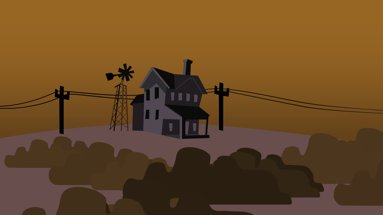 fondo de animación de dibujos animados con casa en la granja