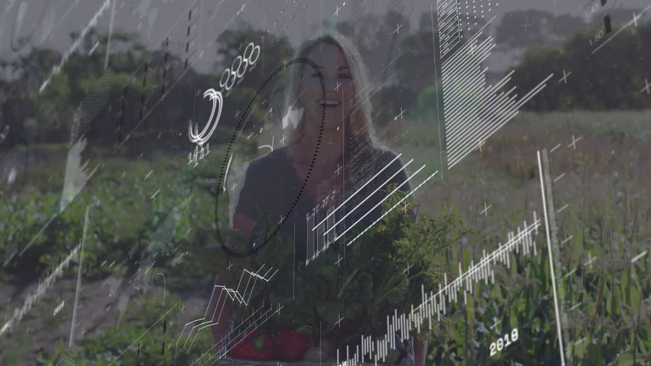mature woman smiling and holding basket in agricultural field, showing graph and HUD overlays