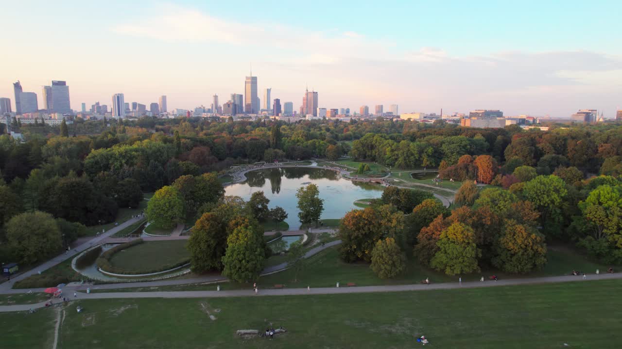 High skyscrapers of Warsaw city, aerial drone view