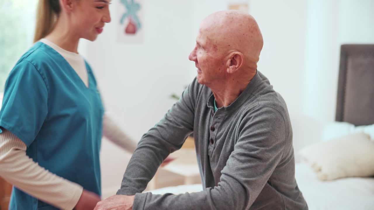 Elderly, man or nurse with walking stick