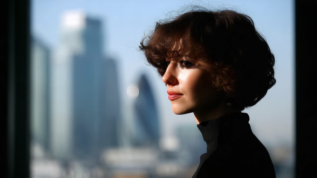 A Profile Portrait Capturing a Woman with Curly Hair Against a City Skyline, Emphasizing Elegance and Urban Beauty in Modern Architecture