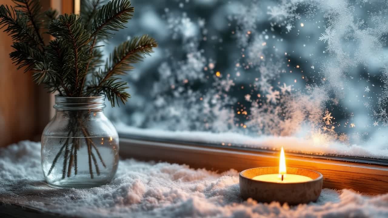 Cozy winter scene with candlelight illuminating frosted window and evergreen branches