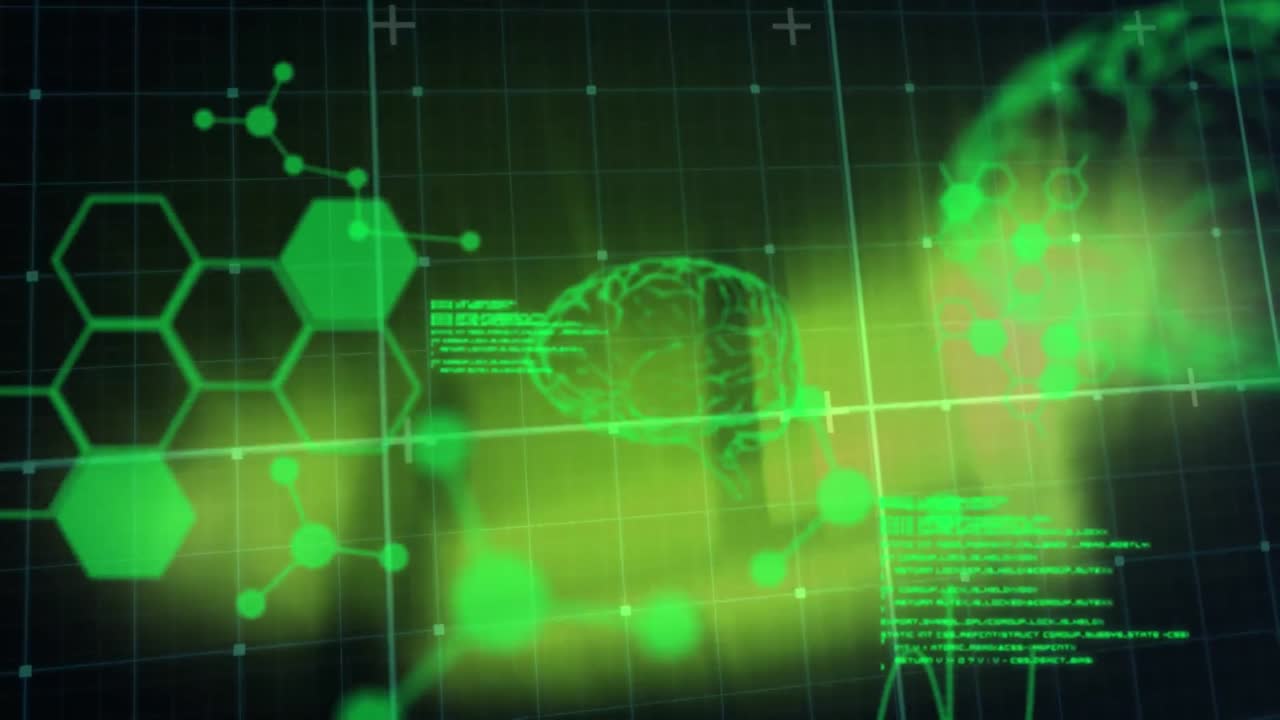 animación de procesamiento de datos y cerebros digitales sobre luces brillantes en un fondo negro.