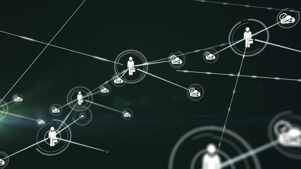 Animation of network of connections with digital people icons over green light