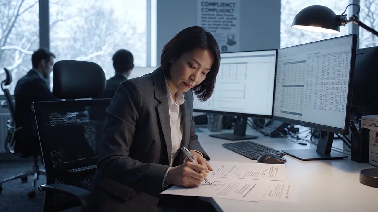 Focused Professional Analyzes Reports at Modern Office Desk Surrounded by High-Tech Monitors While Working on Important Documentation During Winter Afternoon