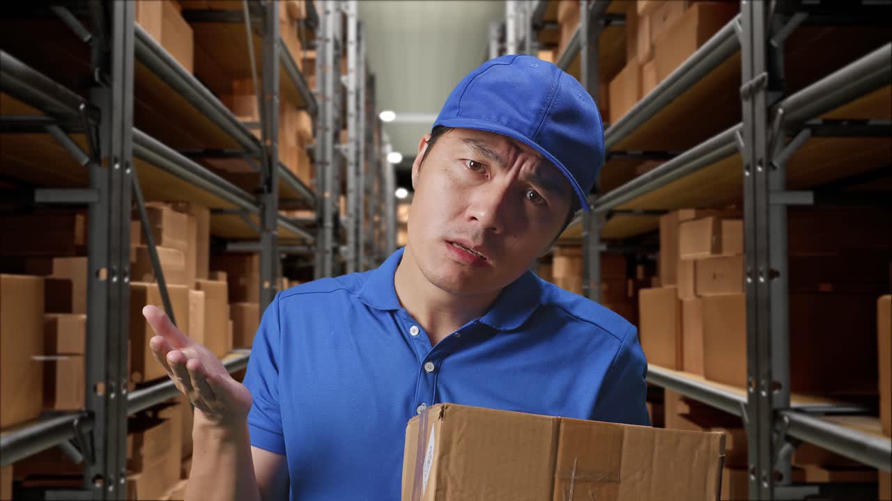 파란 유니폼을 입은 아시아 남성 택배사의 클로즈업은 창고에서 상자를 배달하는 동안 당황스러운 몸짓을 보여주고 무엇을 말합니다.