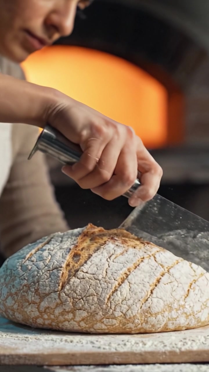 Freshly Baked Bread is Being Prepared in a Rustic Kitchen, with a Warm Brick Oven Glowing in the Background, Perfectly Highlighting the Artisan Craftsmanship.