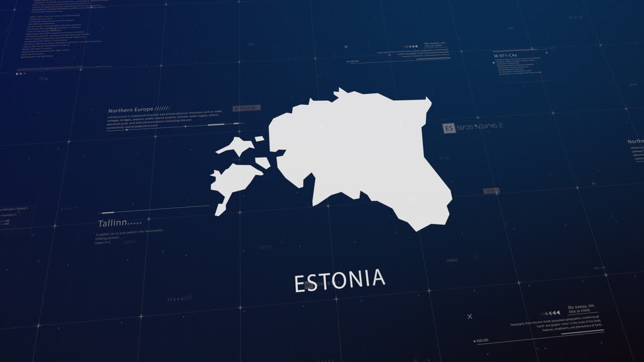 Estonia country map comes to life with cinematic panning, unveiling key details, the capital, and slogan, providing an engaging background for corporate and commercial use
