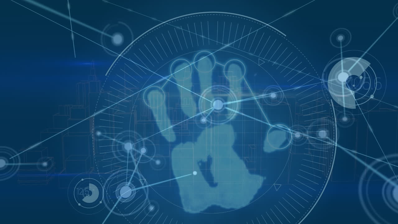 Animazione di rete di connessioni con indicatori e impronta digitale su sfondo blu