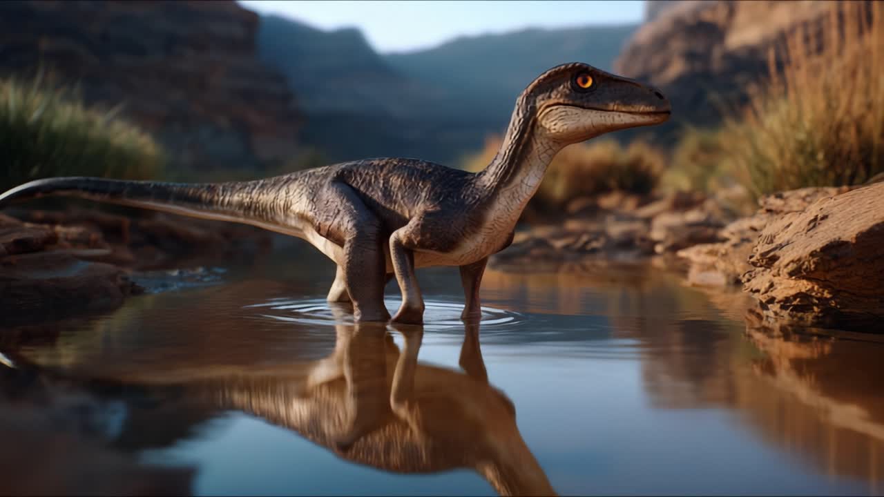 Un modello realistico di dinosauro in un ruscello roccioso: esplorando l'habitat sereno di un Velociraptor nel suo ambiente naturale.