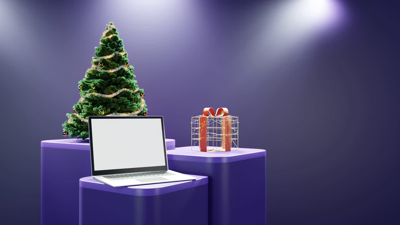Portátil, árbol de Navidad y regalo envuelto sobre fondo morado