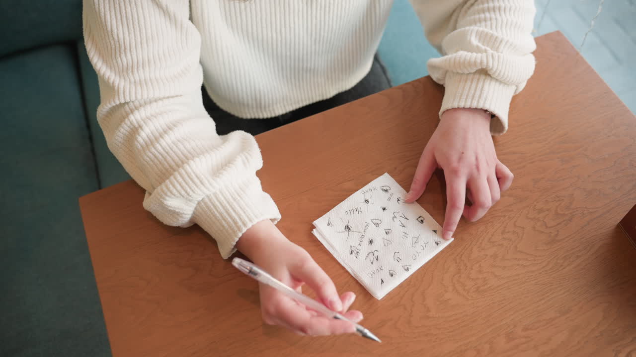 Close up of girl in white ribbed sweater sketching on napkin with pen at wooden table, drawing random hearts and shapes in bright interior space near window