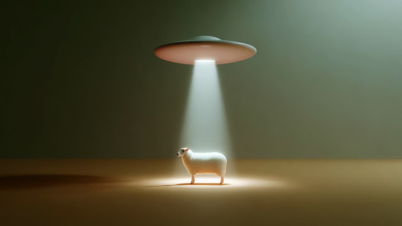 A comedic and surreal depiction of a sheep being abducted by a flying saucer, featuring bright illumination and whimsical details that contrast the familiar farm animal with the science fiction genre