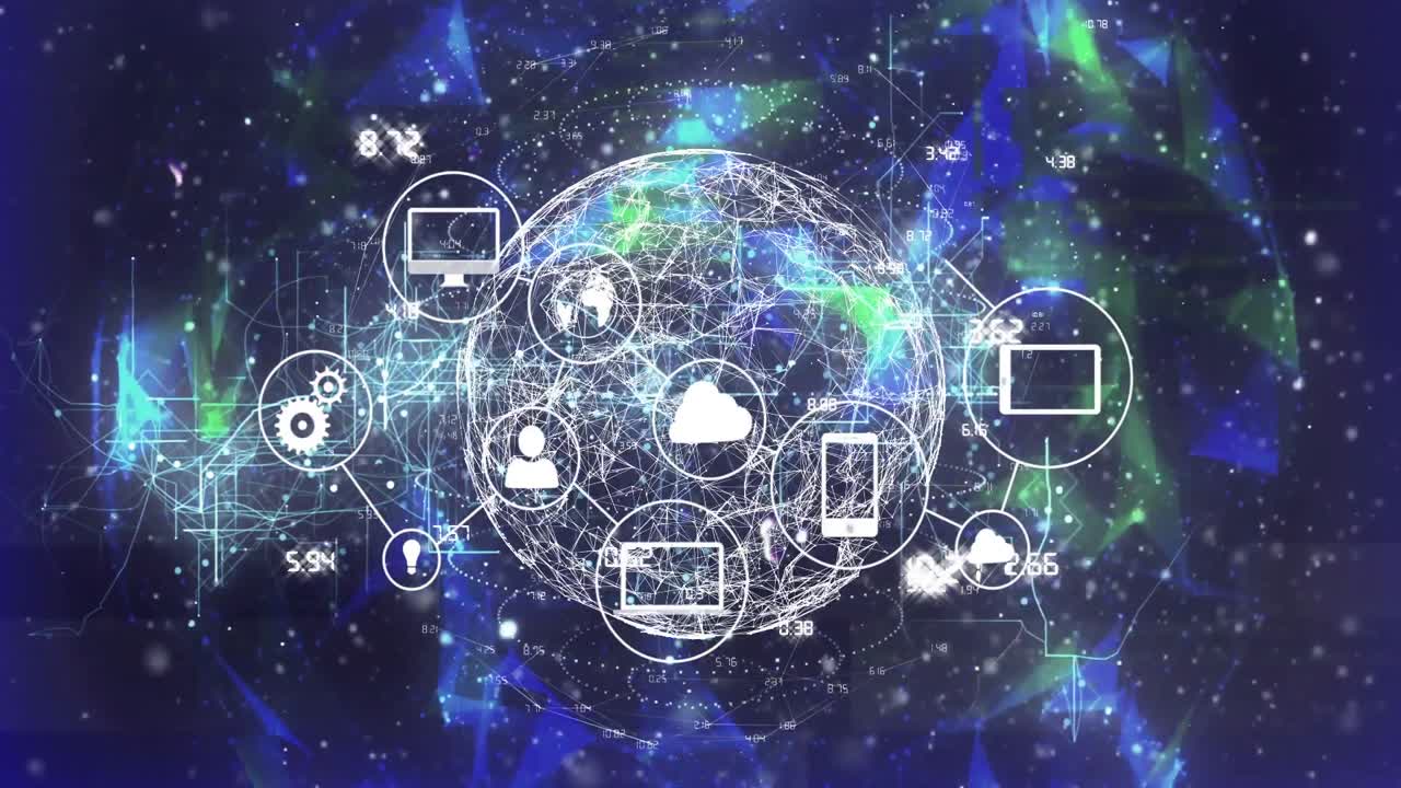 Rotating rings causing grid morphing into wireframe globe, icons emerging for network view
