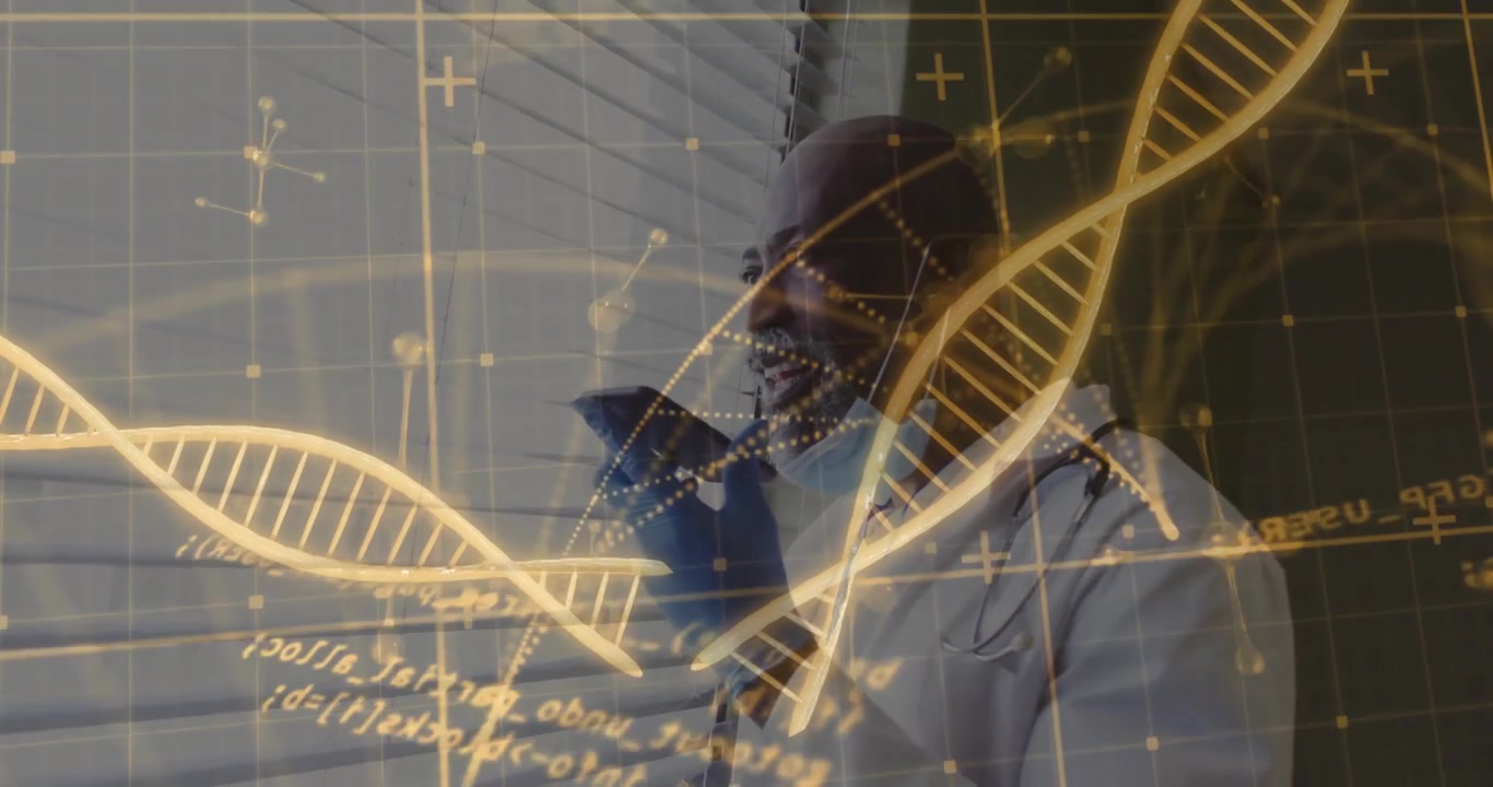 Doctor tapping smartphone and overlaying double-helix code during genetic analysis beside blinds