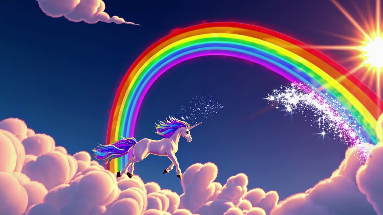 Magical unicorn galloping gracefully above the clouds, its horn emitting a stream of sparkling stardust that forms a vibrant rainbow against a twilight sky with a shining sun