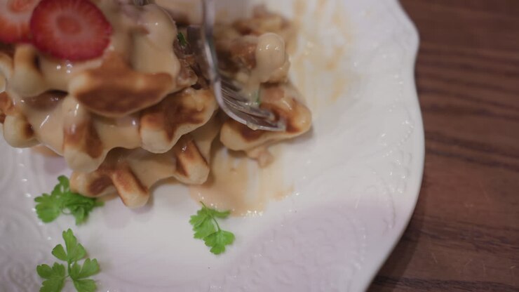 Close up of fork holding waffle piece dipped into smooth creamy sauce on elegant white plate, topped with fresh strawberry slices and garnished with parsley leaves, set on wooden tabletop surface