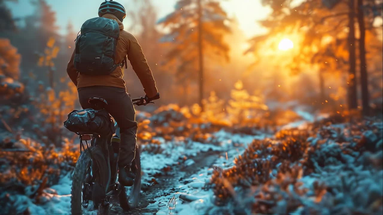 Mountain biking during a golden sunset. A cyclist rides through a snowy forest trail as the sun sets, casting a warm glow on the surrounding trees