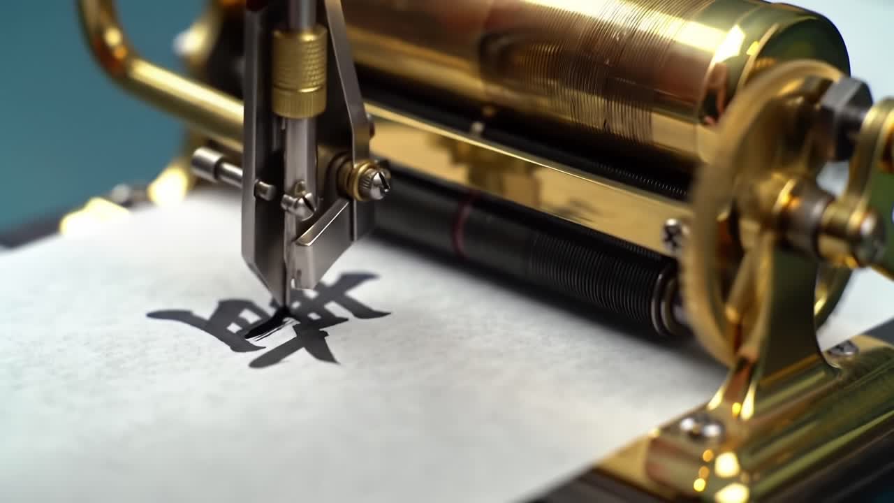 An Intricate Machine Capturing Traditional Artistry: A Close-Up Look at the Process of Producing Calligraphy with a Beautifully Crafted Tool