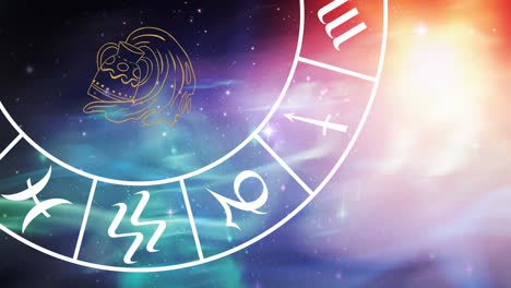 Animation of aquarius star sign symbol in spinning horoscope wheel over glowing stars