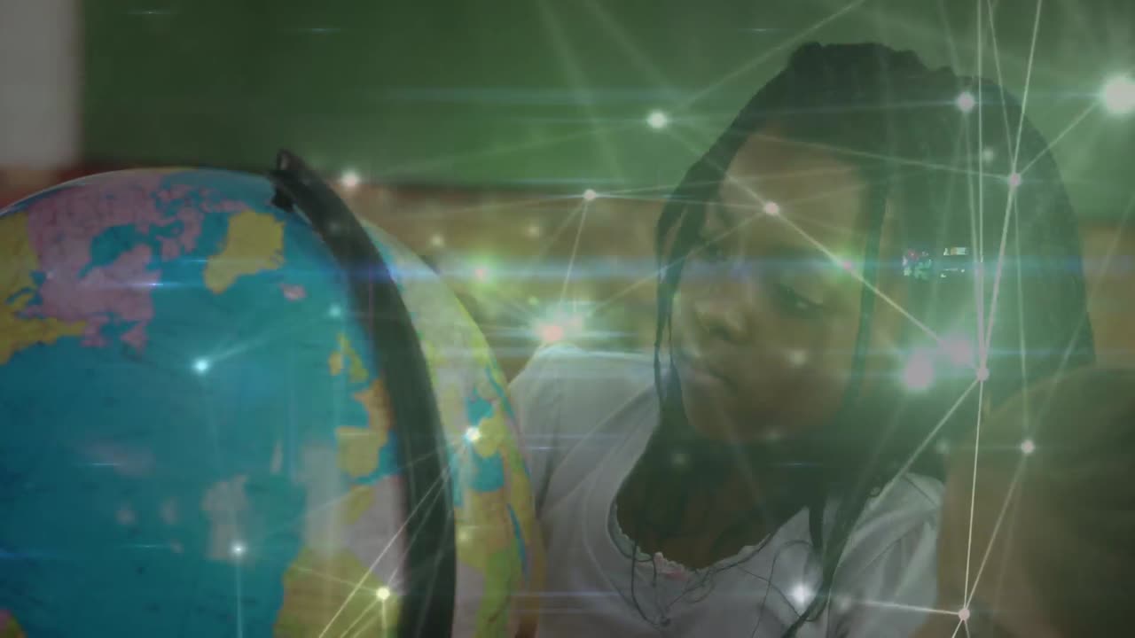 Animation of networks of connections over diverse schoolchildren reading globe
