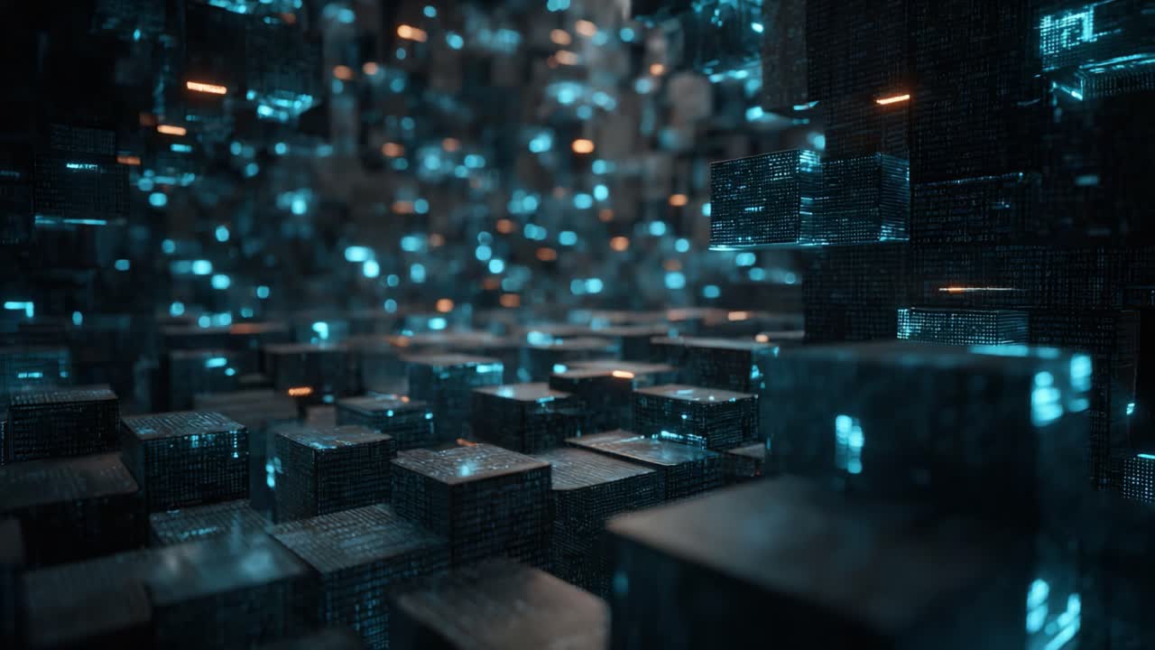 A Dynamic and Mesmerizing View of a Futuristic Data Landscape with Luminous Cubes and an Intricate Arrangement of Glowing Elements