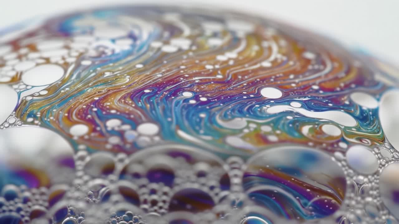 Vivid swirls and captivating colors emerge as light reflects off a soap bubble. The delicate structure showcases intricate designs, inviting exploration of its beauty and fragility.