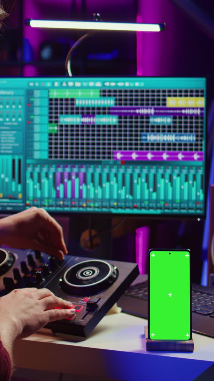 Music Producer Mixing Tracks on DJ Controller with Green Screen Smartphone