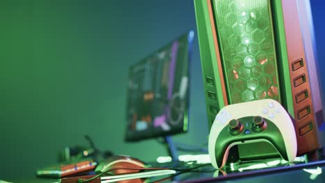 video of gaming computer and gaming equipment on desk with copy space on neon background