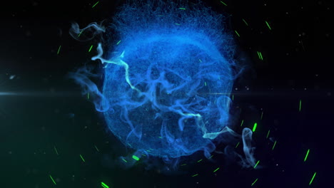 animation of blue swirling energy sphere with green lines on dark background