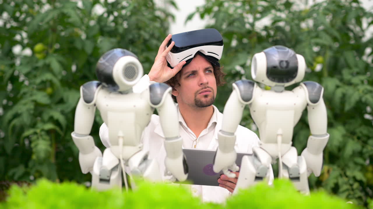 Laboratory technician in a white coat with virtual reality headset looking around near humanoid robot in a greenhouse farm