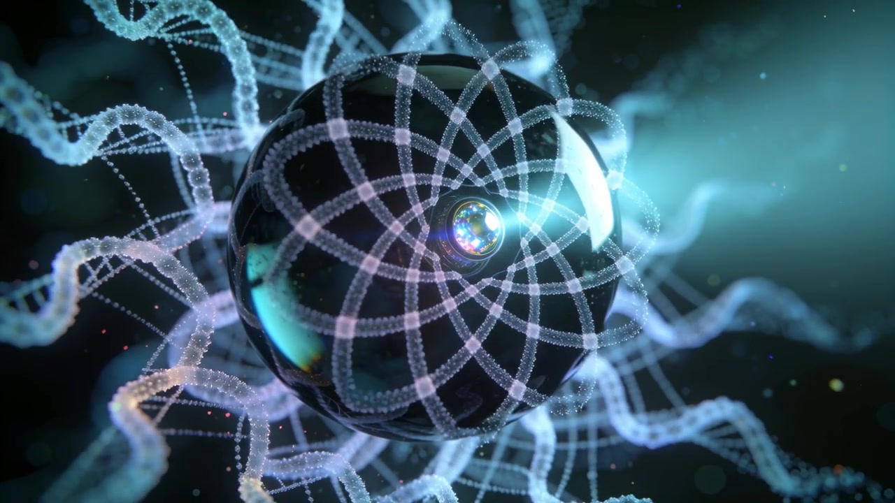 Rotating black sphere in dark teal field revealing looped petals as teal beam lighting core