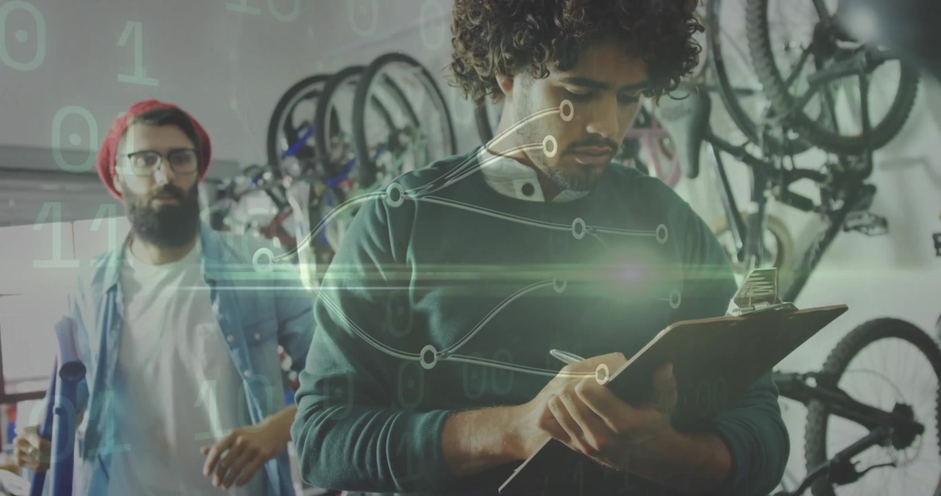 Technician noting, mechanic entering repair shop carrying blue frame and activating tech overlays