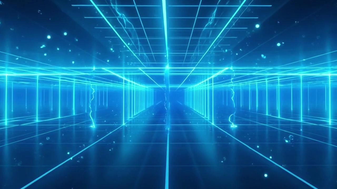 Abstract Digital Tunnel with Glowing Blue Neon Grid Lines and Floating Particles