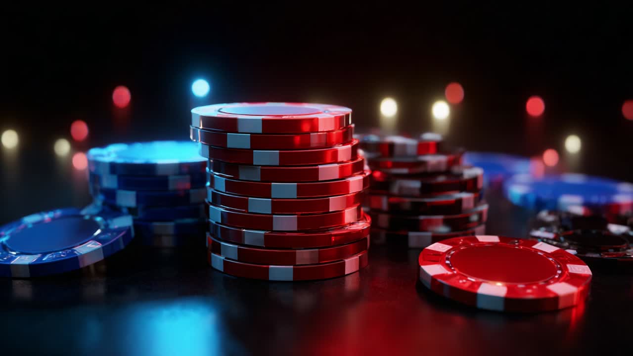 Un'esposizione vivace di fiches da poker: una composizione accattivante di fiches da casinò rosse e blu impilate su uno sfondo scuro con luci bokeh scintillanti, che cattura l'emozione del gioco d'azzardo e delle serate di gioco