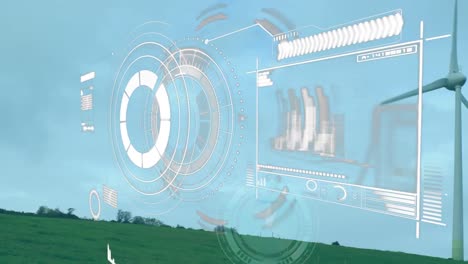 animation of clock, statistics and data processing over wind turbine